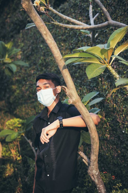 A Man in a Face Mask Leaning on a Tree