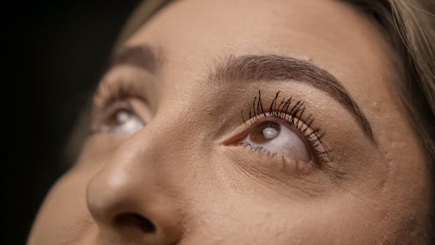 Detailed close-up of female eyes looking upwards with long eyelashes and soft focus.