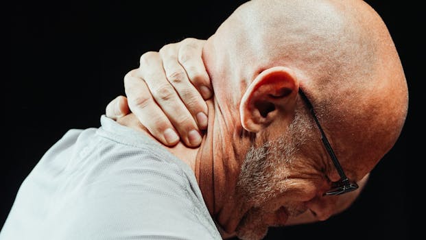Side view of senior man holding neck with visible discomfort, highlighting neck pain relief.