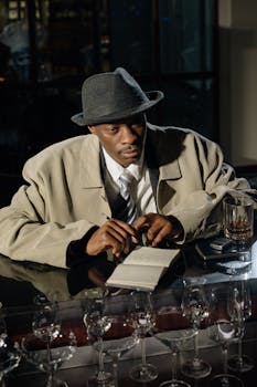 Detective in trench coat taking notes at bar, enveloped in noir atmosphere.