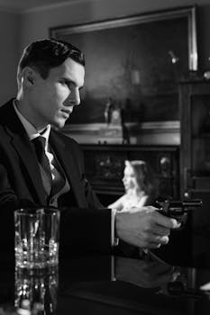 Black and white cinematic scene depicting a man in a suit holding a gun indoors.