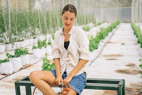 Woman in White Dress Shirt Sitting on Brown Wooden Bench Holding a Scissors