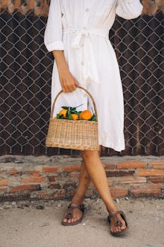 Woman in white dress holding a basket of freshly picked tangerines near a chain link fence.