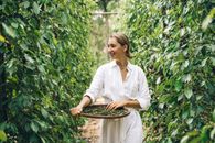 Woman in White Long Sleeves Dress Looking at the Green Plants while Holding a Round Winnower