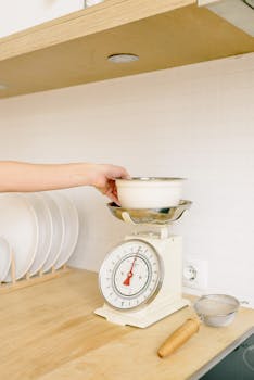A hand placing a bowl on a retro kitchen scale in a modern kitchen setting.