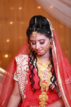 A beautiful Indian bride adorned with jewelry and traditional red attire, exuding grace.