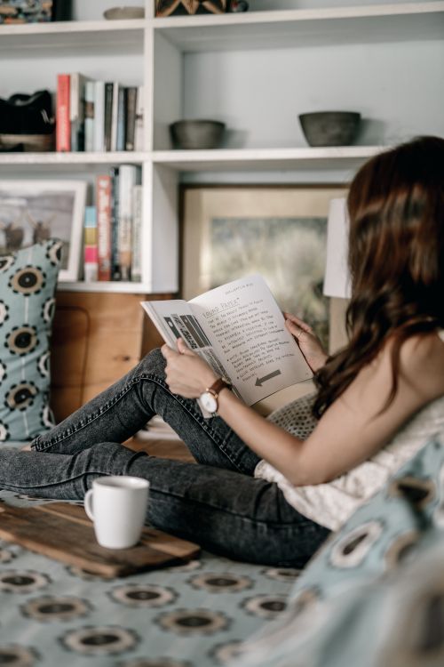 Free A woman comfortably reads a book at home, surrounded by cozy decor. Stock Photo