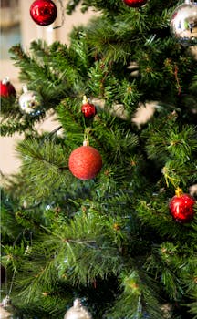 圣诞树特写装饰着红色和银色饰品，捕捉到了节日气氛
