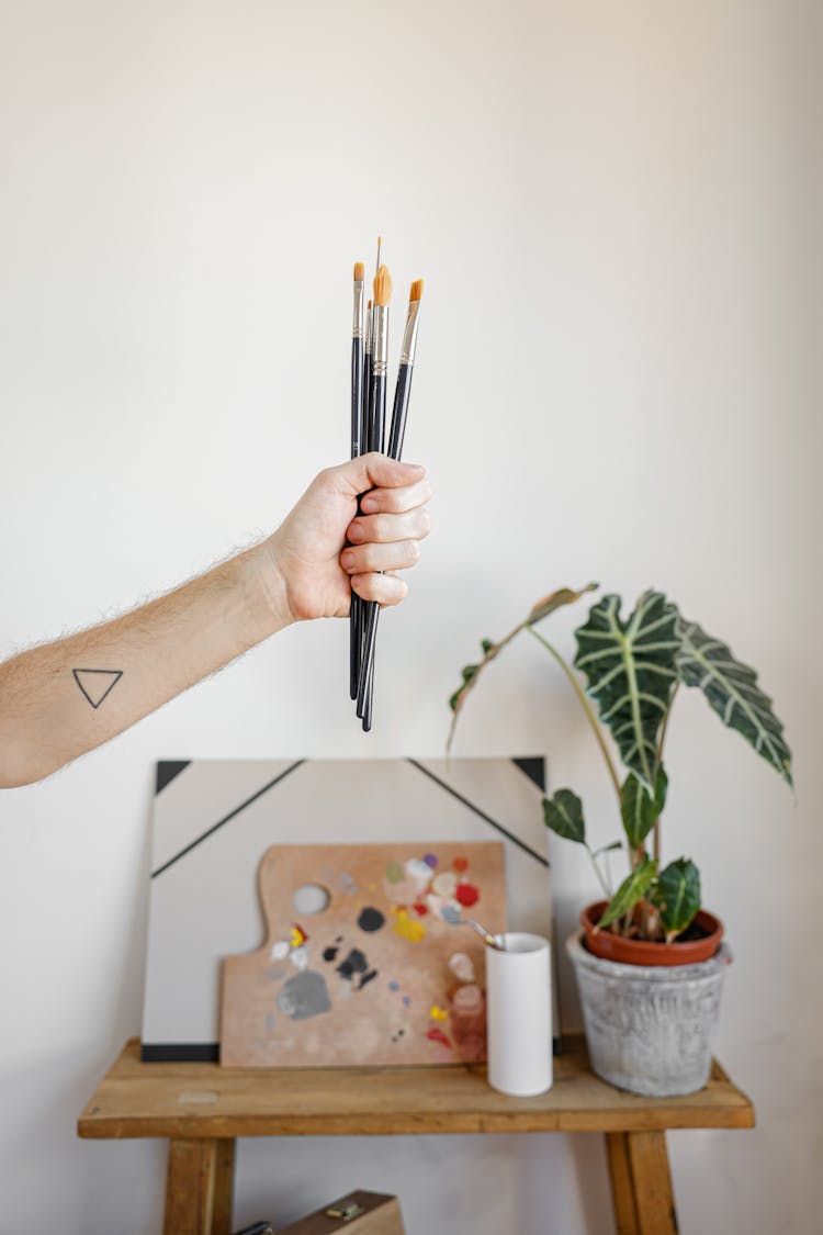 Person Holding Paint Brushes