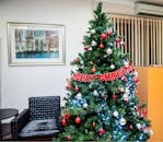 室内环境舒适，一棵装饰精美的圣诞树配有饰品和灯光