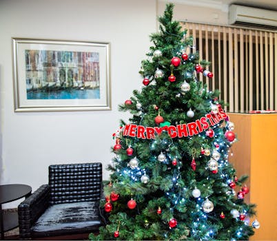 室内环境舒适，一棵装饰精美的圣诞树配有饰品和灯光