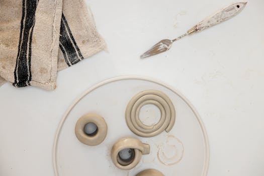 An arrangement of handcrafted clay pieces with a palette knife and textured cloth in a still life composition.