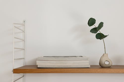 Stacked Magazines on Wooden Shelf