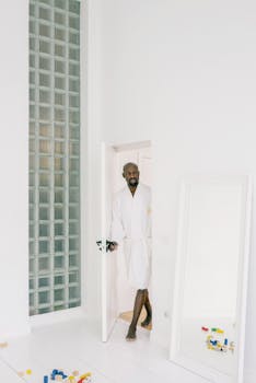 A man in a bathrobe enters a bright, minimalist room with toys scattered.