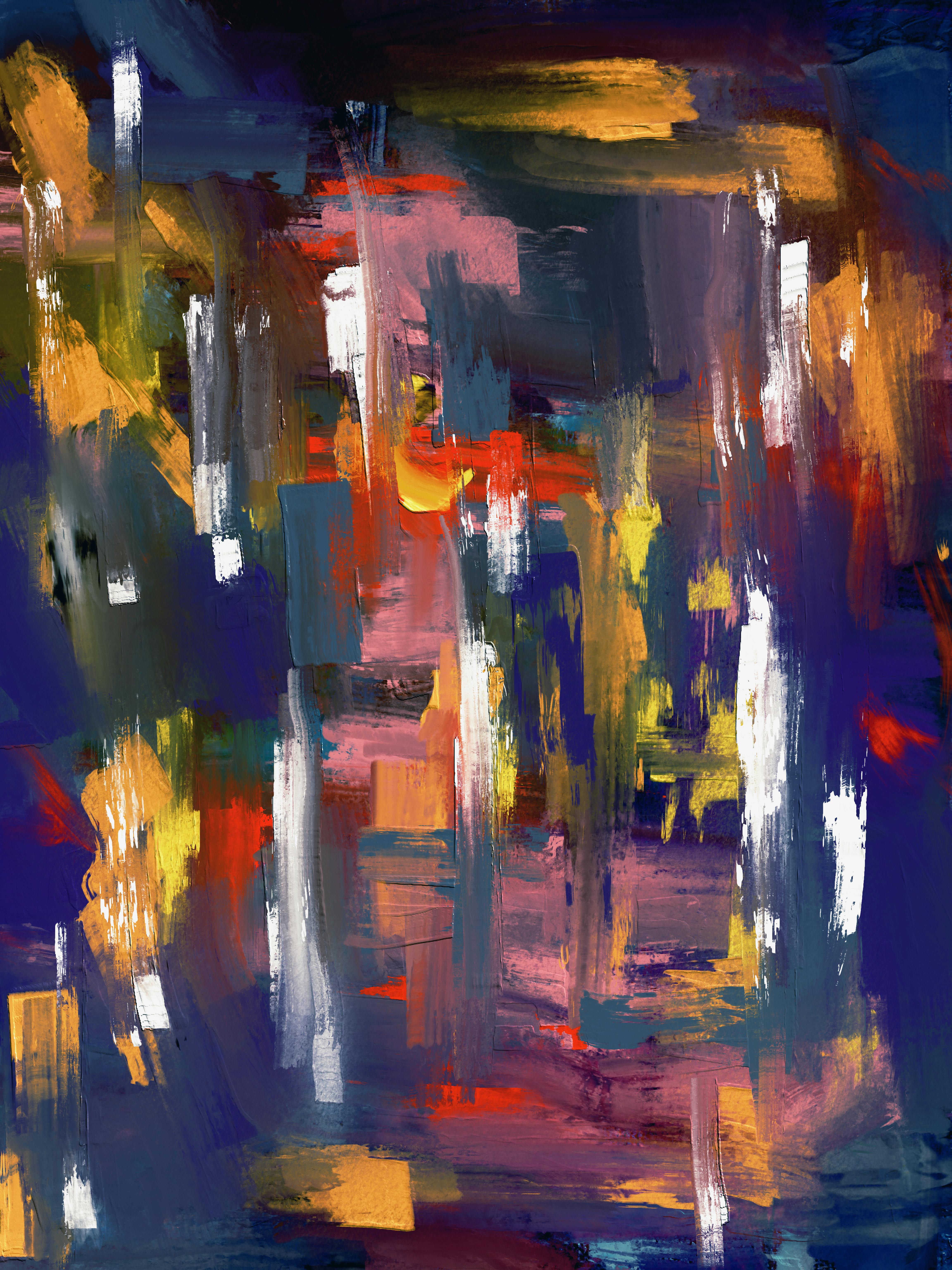 Colorful abstract expressionism painting with bold brush strokes and dynamic composition.