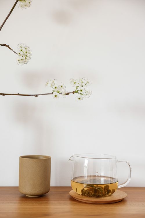 Free Minimalistic tea arrangement with a blooming branch and glass teapot. Stock Photo