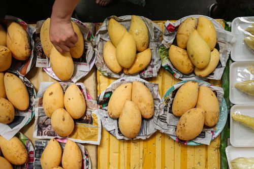 Free Ripe mangoes arranged on plates at a vibrant market stall, seen from above. Stock Photo