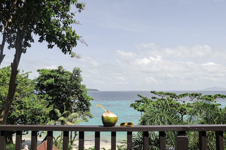 Drink In A Coconut And Sunglasses On A Railing