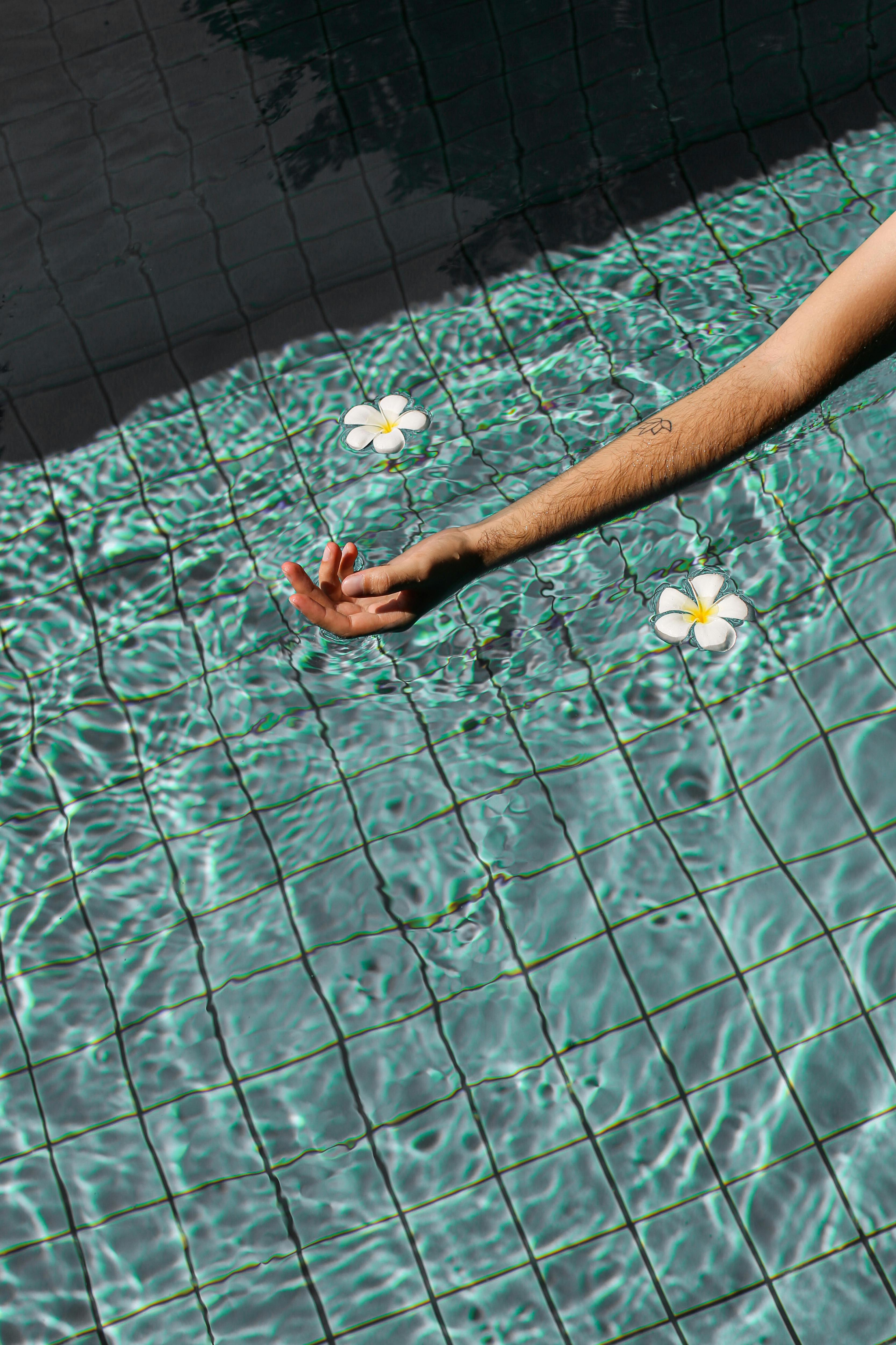 clear water in a pool flower heads and an arm of a man