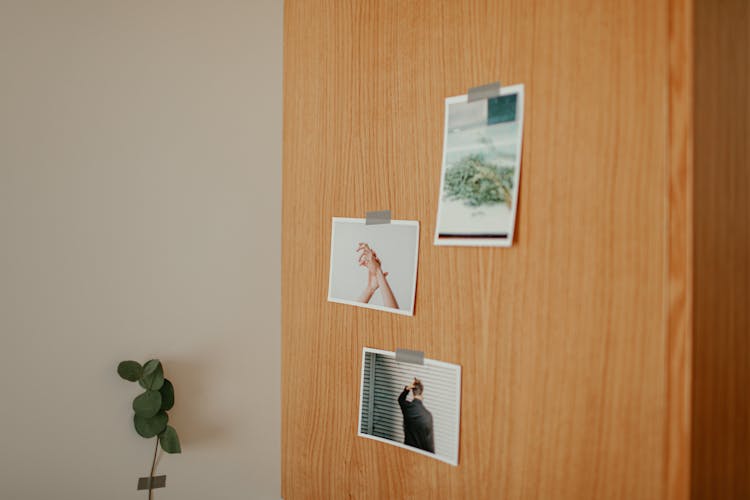 Photographs Taped On A Wooden Surface