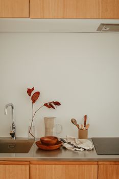 A minimalist kitchen counter with wooden bowls and red leaves in a vase.