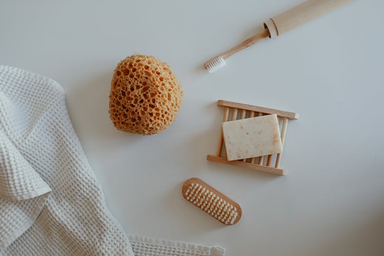 Top View Of Wooden Bathroom Accessories