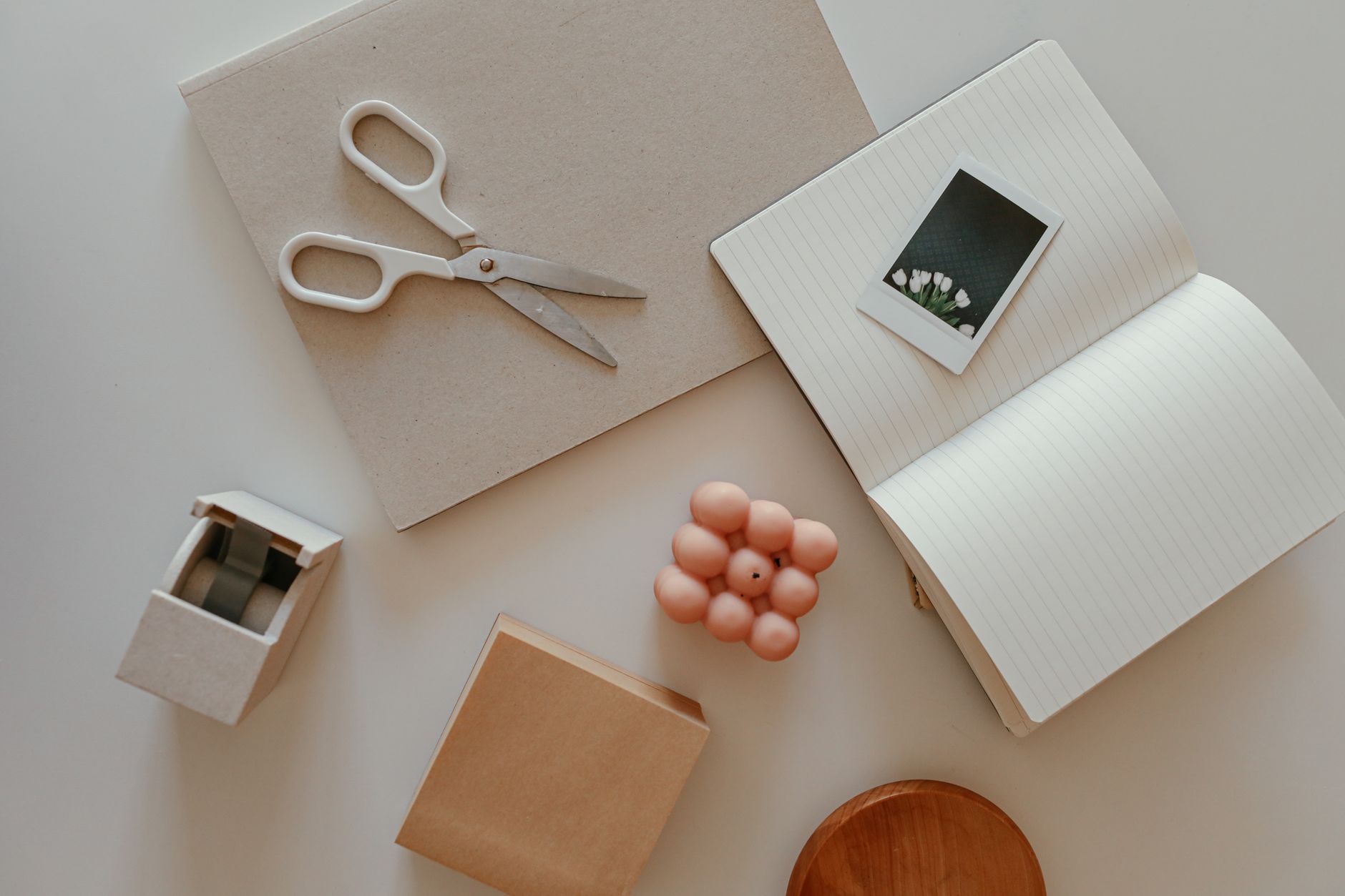 Discover a stylish flat lay of minimalist stationery items on a desk, perfect for creative projects.. discover, stylish, flat