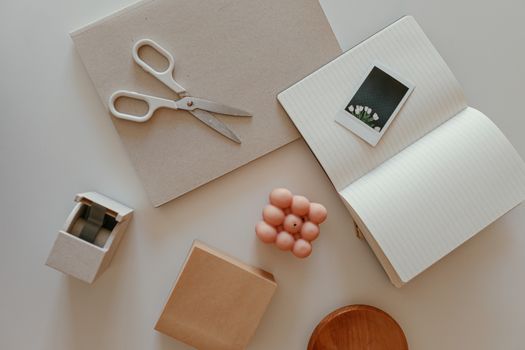 Discover a stylish flat lay of minimalist stationery items on a desk, perfect for creative projects.. discover, stylish, flat