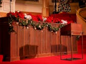 教堂内部装饰精美，点缀着喜庆的圣诞花环和红色一品红