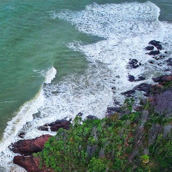 Aerial shot of a rocky shoreline with crashing waves and lush greenery highlighting a beautiful coastal landscape.