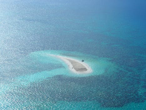 鸟瞰图中，一个被清澈绿松石海水包围的小而孤立的沙洲令人惊叹