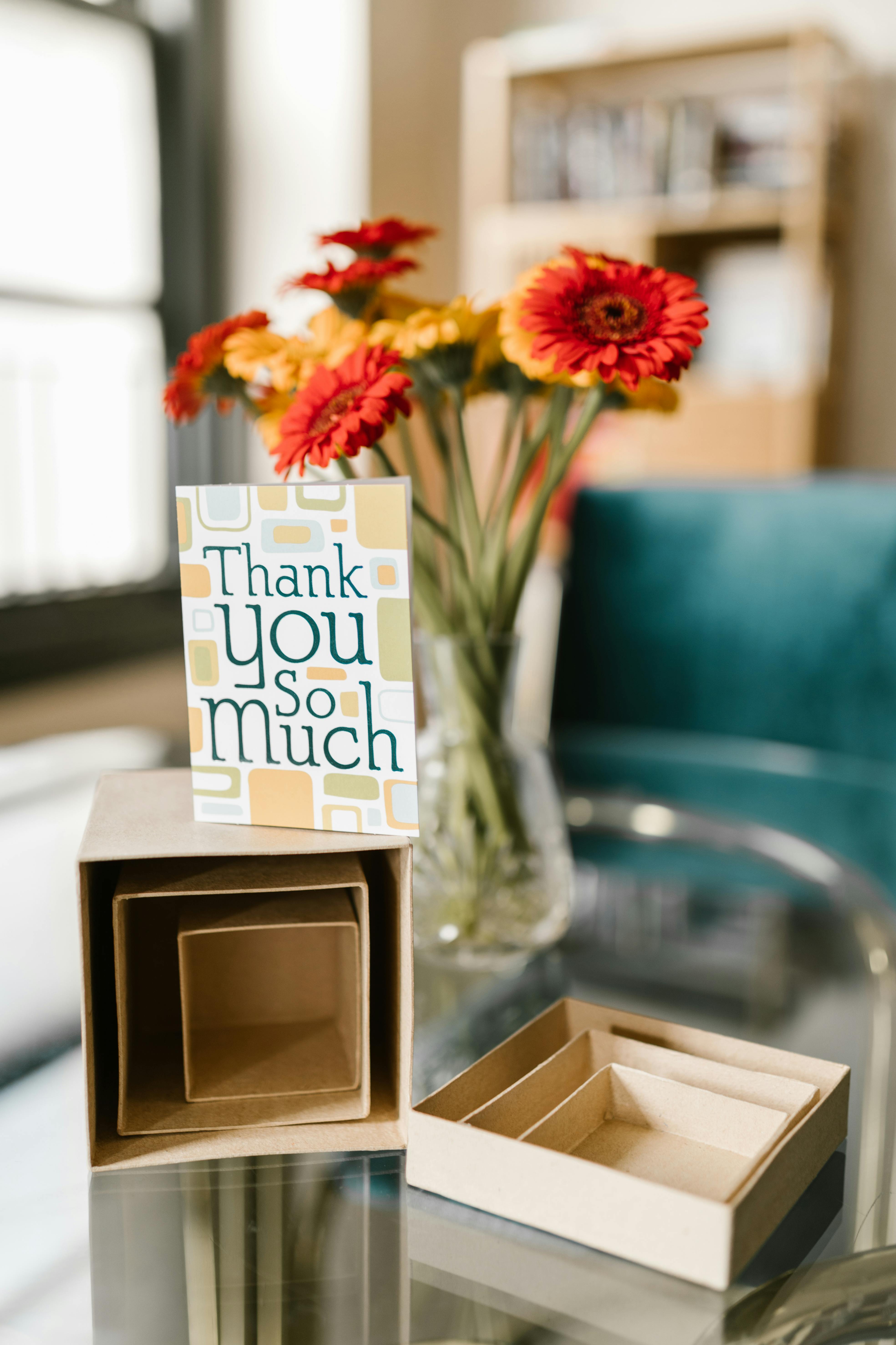 brown boxes and a greeting card