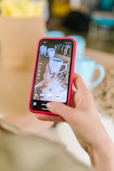 A close-up of a smartphone capturing a mug. Perfect for tech and lifestyle themes.