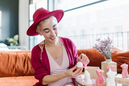Stylish woman in red hat joyfully unboxing handcrafted candles in cozy living room.