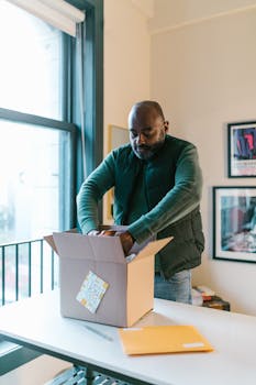 Entrepreneur preparing package in office setting with natural light.