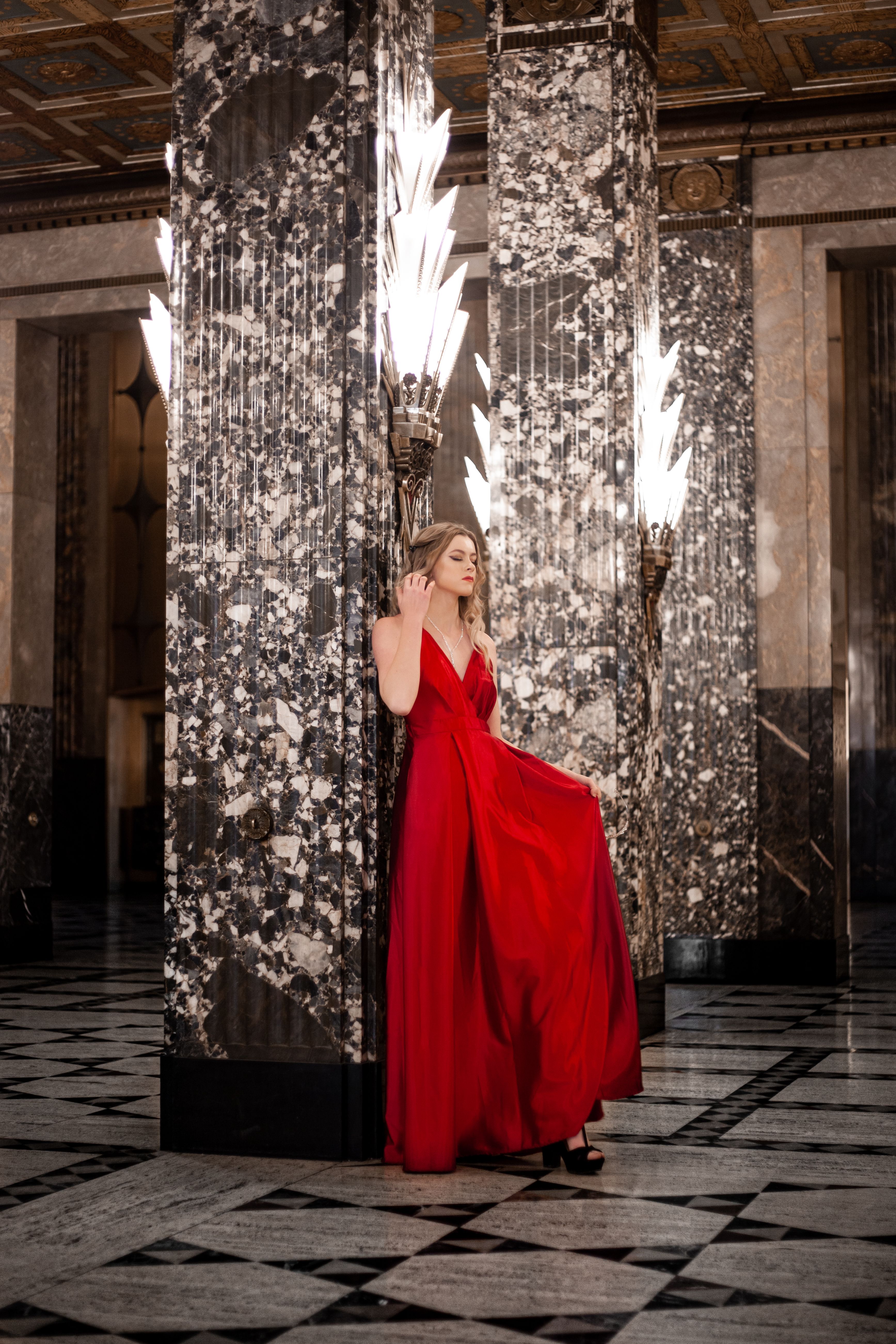Woman in Red Dress Standing by Columns · Free Stock Photo