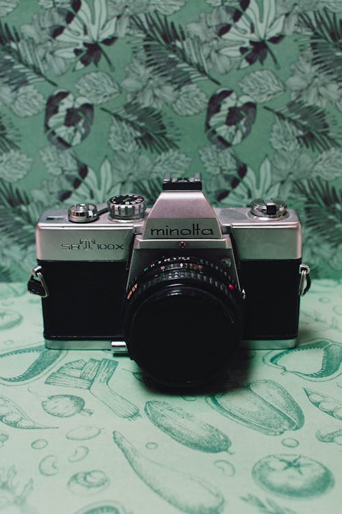 Black and Gray Film Camera on Green Floral Textile