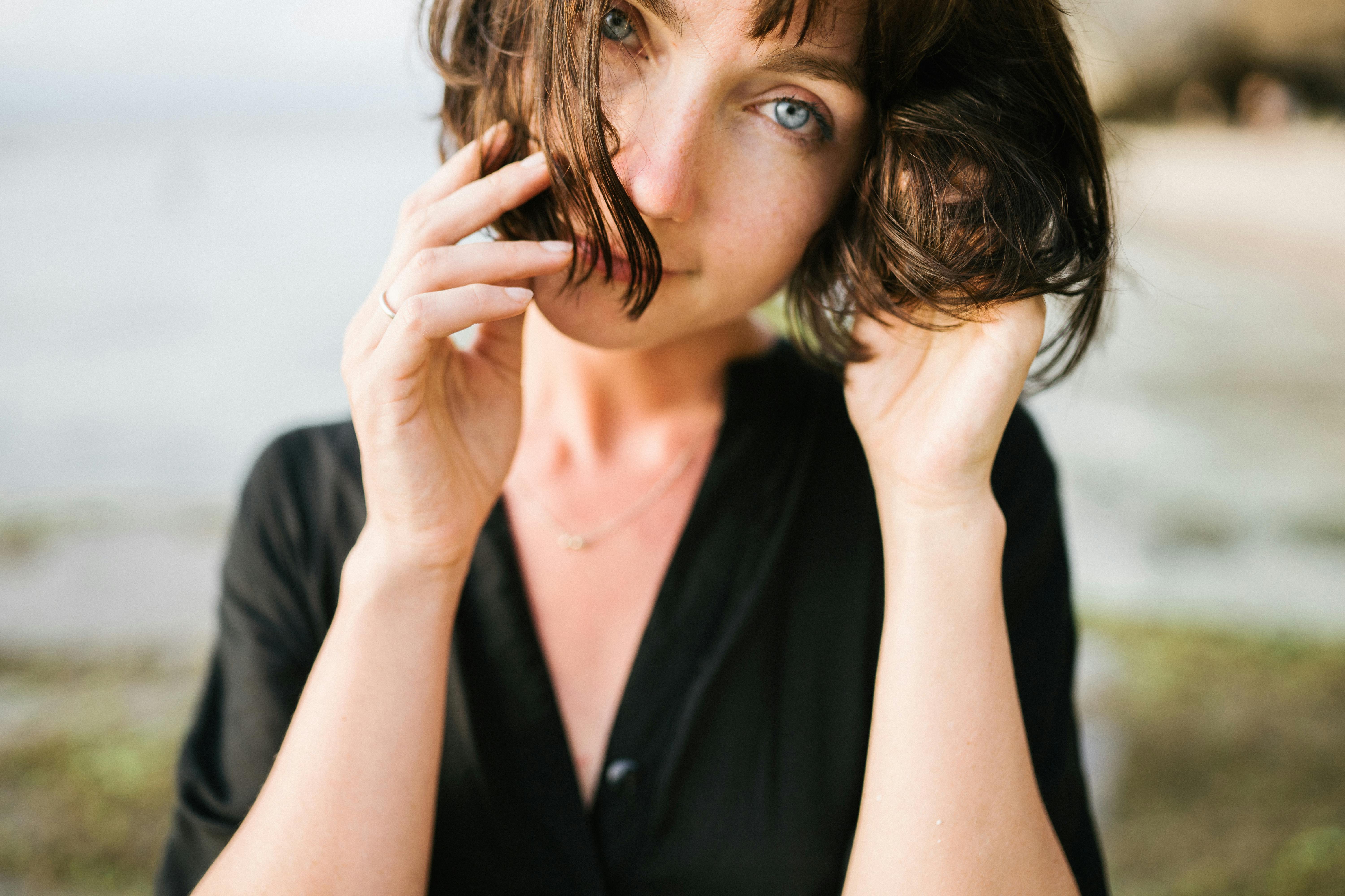 selective focus of a woman with blue eyes