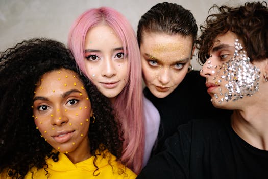 A group of young models with diverse skincare and colorful art makeup, showcasing creativity and diversity.
