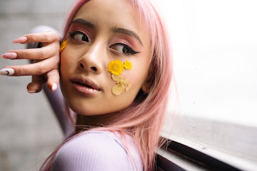 Close-up portrait of a woman with pink hair and creative floral makeup exuding style and grace.