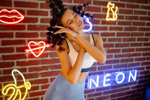 A young woman posing with creative makeup and neon lights, embracing a vibrant, artistic vibe.