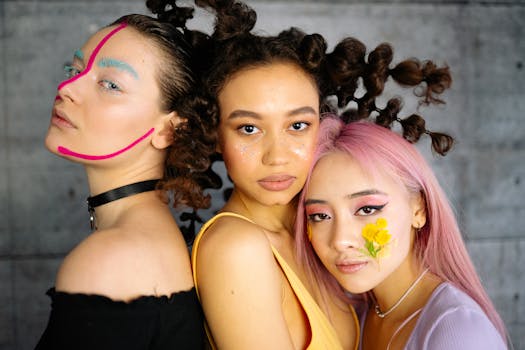 Three young women showcasing creative makeup styles and diverse beauty expressions in a close-up portrait.