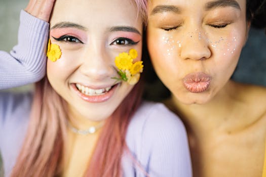 Close-up of two women with creative makeup, smiling and posing together.