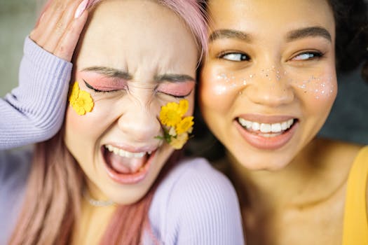 Two young women sharing joyful moments with glitter makeup and floral accents.
