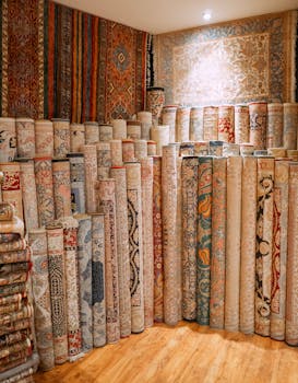 A vibrant collection of Turkish rugs displayed in an Istanbul store, showcasing intricate patterns and rich textiles.