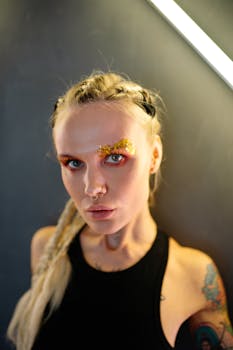 Close-up portrait of a woman with glitter art makeup in a studio setting, showcasing a modern look.