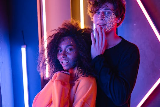 Stylish couple with creative makeup and neon lighting showcasing bold fashion and artistic expression.