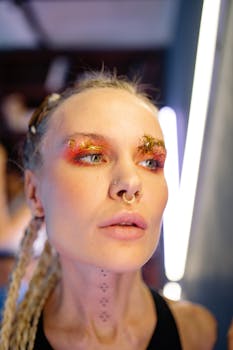 Close-up portrait of a woman with creative glittery makeup and nose piercing, showcasing bold artistic expression.