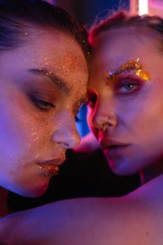 Close-up of two models with vibrant glitter makeup in neon lighting, showcasing creative artistry and fashion.