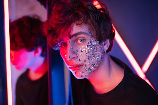 Artistic portrait featuring a man with glitter makeup and vibrant neon lights, creating a mesmerizing visual effect.